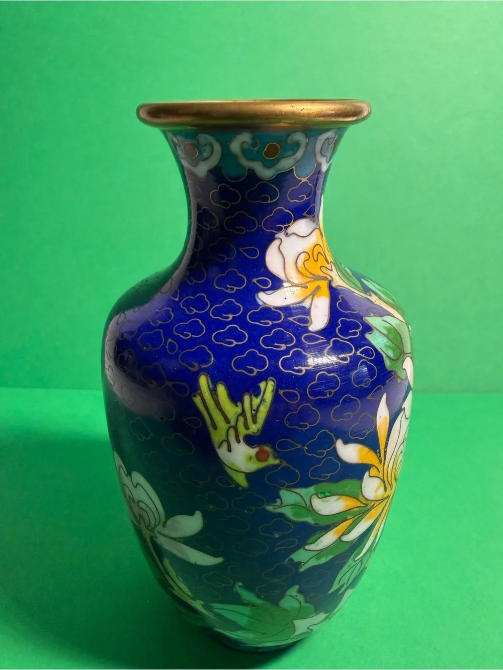 Cloisonné Floral Vase in Cobalt Blue and Yellow